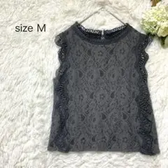 レディース　カットソー　レース　Ｍ　ノースリーブ　グレー　総柄