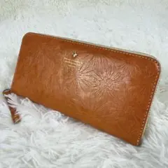 フレームワーク 長財布 ラウンドジップ 花柄 型押し ブラウン レザー