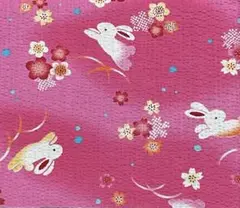 子ども浴衣生地はぎれ・小物用/ウサギと花模様のピンク生地