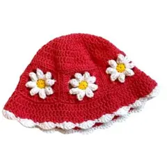 かぎ針編み　帽子 ハンドメイド デイジー 花モチーフ 赤 白 ベビー 帽子