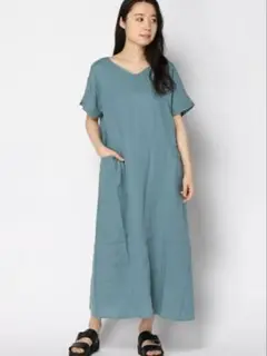 ミントカラー 半袖リネンロングシャツワンピース フリー