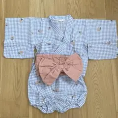 バースデイ　小花刺繍　ブルー　チェック柄　ベビー　キッズ　浴衣　甚平