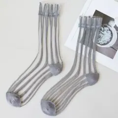 1202新品◎シースルー　おしゃれ　夏　ソックス　ストライプ　グレー　個性的