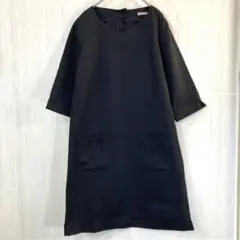 【美品】七分袖 ワンピース ネイビー Aライン 綿麻 38 ポケット付き　253