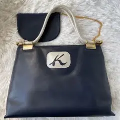 【美品】キタムラ ハンドバック カットワークロゴ ダークネイビー ミニポーチ付き