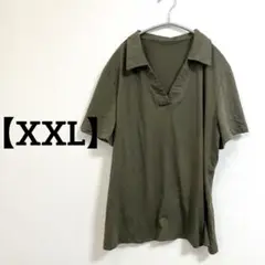 1033 オリーブ色 Vネック 半袖ポロシャツ 【XXL】 大きいサイズ