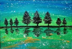 碧の湖　A4サイズフレーム入り　原画　手描き　風景画 木々のシルエット　メルヘン