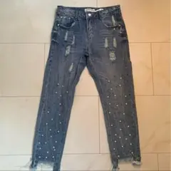 韓国　パール　ダメージデニム