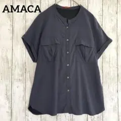 【AMACA】アマカ　バンドカラー半袖シャツ シェルボタン　グレー　ポケット