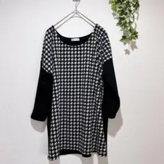 【アーヴェヴェ】千鳥格子柄 7分袖チュニック　Mサイズ　伸縮性あり　厚みなし