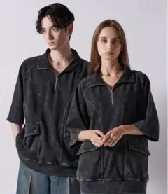 【CLEL】ヘビーウェイトヴィンテージデザイン半袖ハーフジップTシャツ