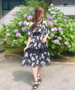 axes femme アクシーズファム 紫陽花 花柄 ワンピース ブラック