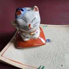 お香立て　益子焼（？）招き猫とお皿のセット　おまけつき