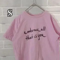 ピンク 英語　メッセージプリント 半袖Tシャツ　コットン　綿　部屋着　個性的