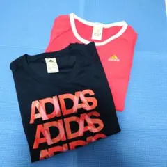 adidas 紺色 ロゴプリント＆ピンクライン入りTシャツ2枚組