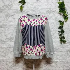 【e55】【clinet】フロント花柄ストライプ長袖トップス　訳あり品　【F】