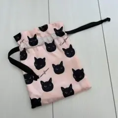 黒猫プリント 巾着袋 約