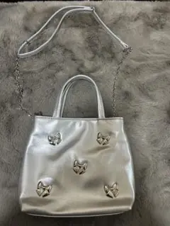 リボン装飾 シルバー ショルダーバッグ