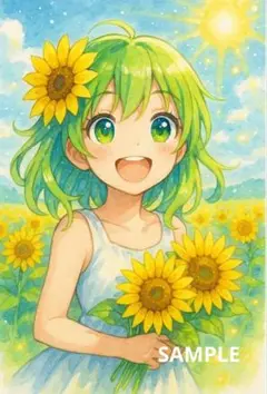 アニメ風 美少女 イラストカード ひまわり 夏 可愛い コレクションNo.39
