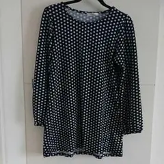 【F】長袖　ドットチュニック ネイビー×白