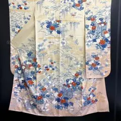 【和】10343c 着物 振袖 金駒刺繍 波に花車文様