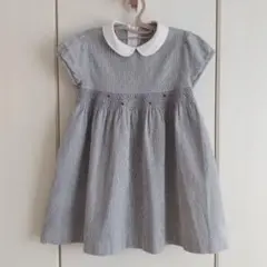 プチフルール 白襟付き ストライプ 刺繍 スモッキング ワンピース 110