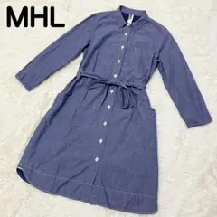 MHL デニム風 シャツワンピース ウエストリボン M
