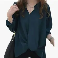 ☆最安値☆ ブルーグリーン Vネック 長袖シャツ M サイズ 前ギャザー