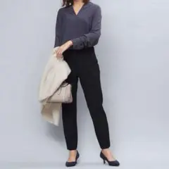 【qualite】2重織 ウォーム タック パンツ ブラック 黒 テーパード