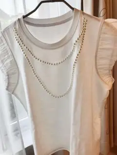ホワイト パール装飾 半袖Tシャツ