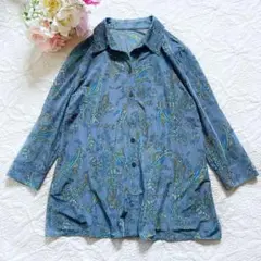 レリアン　大きいサイズ　ブラウス　13+ 花柄　総柄　開襟　青　とろみ　シャツ