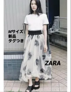 【完売品】ZARA プリント柄オーガンザワンピース Mサイズ　 新品タグつき