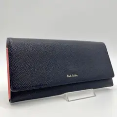 【美品】ポールスミス 長財布 濃紺 ボルドー ピンク レザー ロゴ刻印 多収納