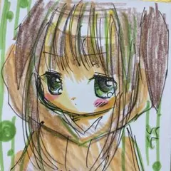 新作手描きイラスト。小色紙。犬のフードをかぶった女の子