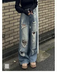 GRL ダメージカットルーズデニムパンツ[cu525] L