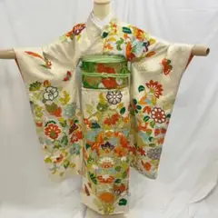 【振袖24】着物 振袖 正絹 袷 着物 蓮 尾長鳥 蝶 単品販売