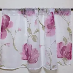 大きい花柄 紫色 カフェカーテン 幅100cm×丈45cm 透け感 ラメ 小窓