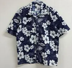 SHUANGQI 花柄　半袖アロハシャツ M ネイビー