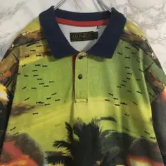 【希少デザイン】総柄ポロシャツ　ジャングル　イエローグリーン　４ＸＬ
