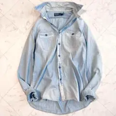 【ラルフローレン】デニムシャツ　長袖　シャンブレー　ダメージ加工　ポケット　水色