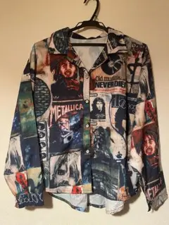 ユニセックス　バンドコラージュ総柄シャツ