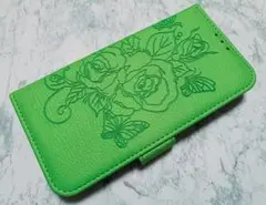 iPhone15 用 ケース 手帳型 PUレザー 薔薇 花柄 グリーン 緑色