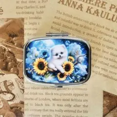 P746　ハンドメイド ピルケース 薬箱 小物入れ　ポメラニアン　向日葵　満月