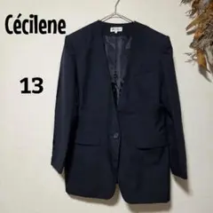 【Cécilene】ノーカラージャケット/13/ネイビー/肩パット/大きいサイズ