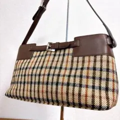美品 DAKS ダックス チェック ショルダーバッグ ブラウン ウール×レザー