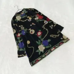 EK3645【マダムジョコンダ】ニットカットソー【F】チュニック 花柄 ブラック