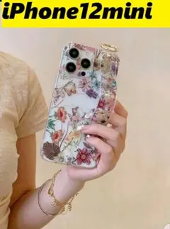 iPhone12mini ★お花総柄　クリア　ハンドストラップベルト　リング