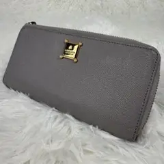 ランバンコレクション 長財布 ラウンドジップ ロゴプレート グレー レザー