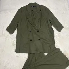 美品　ZARA ザラ リネン混 セットアップ ダブル カーキ　M オーバーサイズ