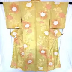 2m1978 着物 絹 袷 小紋 黄色 ピンク 白 花柄 和装